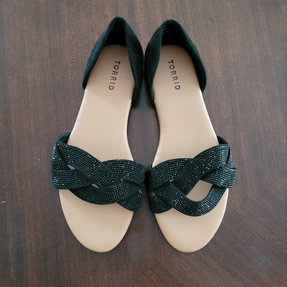 Torrid Black Faux Suede Rhinestone Twist Slide Sandals size 10 extra wide width